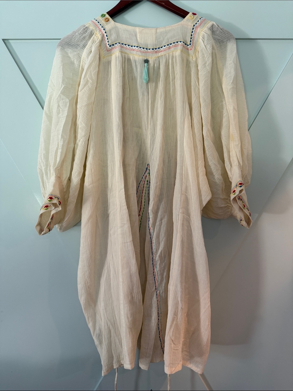 Woman’s Cream Embroidered Boho Tunic Dress with Colorful Bead Accents - Picture 5 of 6